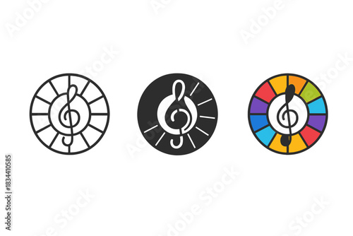 Harmony Wheel Icons. three minimal vector icons of a harmony wheel combining vocal frequencies and color hues, line outline style,