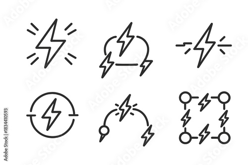 Electric Junction Icons. Line vector icons of a thunderous joining of components: lightning-bolt junctions, energetic merge points