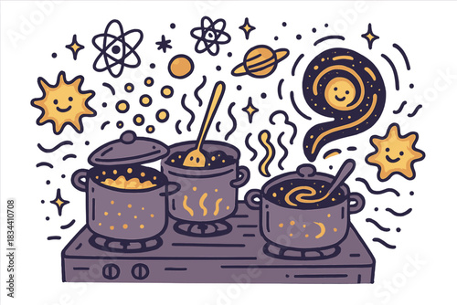 Interdimensional Kitchen Bliss. Charming doodle vector of interdimensional kitchen filled with glowing pots, atoms, and cheerful