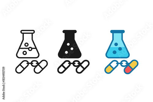 Nutraceutical Sequence Designs. Chemical flask and capsule chain symbolizing controlled nutraceutical sequence, first in line