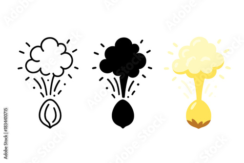 Popcorn Transformation Artistry. Microscopic view of popcorn seed transforming into fluffy burst of light and mist, first in line