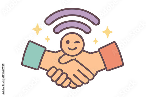 Playful Wi-Fi Handshake. A playful handshake forming a winking Wi-Fi symbol, tiny sparkles around, gentle friendly colors, No text