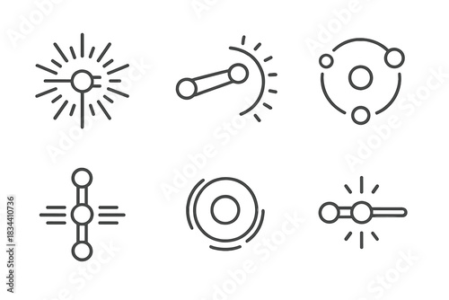 Radiant Motion Joints. Line vector icons of luminous central hinges: radiant motion joints, glowing pivot arcs, balanced rotation