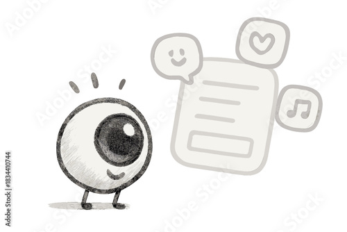 Doodle Eye Adventure. Adorable doodle eye following a floating translucent menu with happy interface icons drifting nearby, No