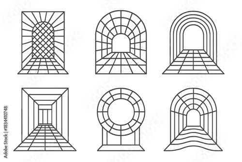 Radiant Geometric Entry. Line vector icons of a patterned entry to realization: radiant geometric openings, luminous structured