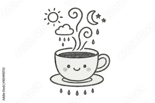 Teacup Weather Doodle. Cute doodle teacup whose steam swirls into floating weather icons, peaceful rainy-day vibe, No text, No