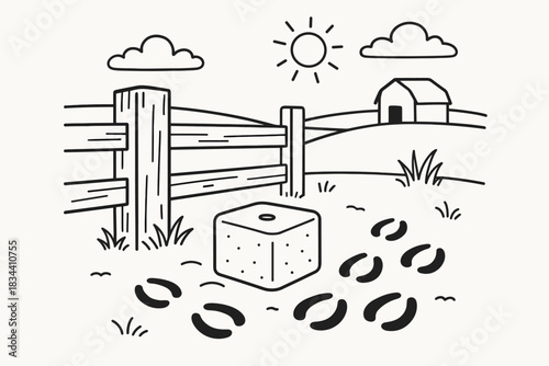 Farm Scene Variations. Farm scene showing salt block near fence post with hoof prints around, first in line style with thin