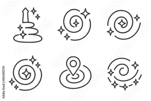 Celestial Navigation Icons. Icons for: a twinkling path spiral beacon, a glowing waypoint swirl, a starry navigation eddy, a