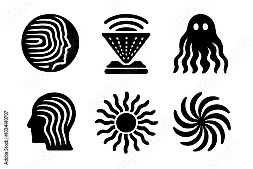 Energetic Illusion Icons. Solid style icons of growing visual mirages: shifting illusion, expanding hologram, evolving phantom,