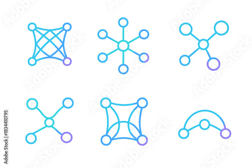 Luminous Vector Hubs. Line vector icons of luminous gradient hubs: glowing central meshes, radiant connection outlines, balanced