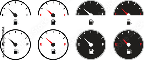 Set of fuel gauge meter icons with full and empty indicator signs. Car dashboard elements showing petrol level. Automotive gas symbol. Vector illustration isolated on transparent background.