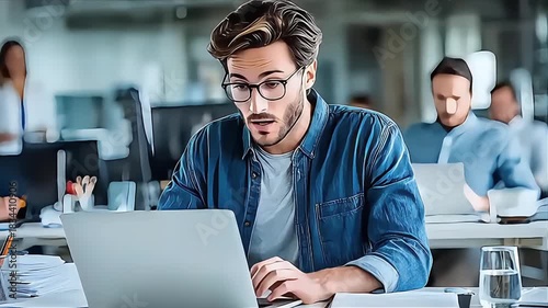 Office Shock: Surprised Professional Reacting to Laptop Screen in Busy Workplace