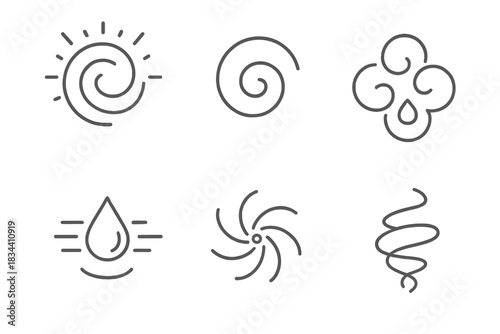 Spiritual Renewal Symbols. Line style icons of an innovative eddy of sanctification: gentle circular motion with aura, minimalist