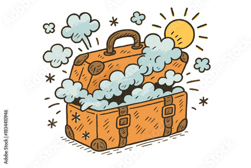Whimsical Suitcase Escape. Playful doodle suitcase bursting slightly open, leaking tiny clouds, snowflakes, and sunshine beams