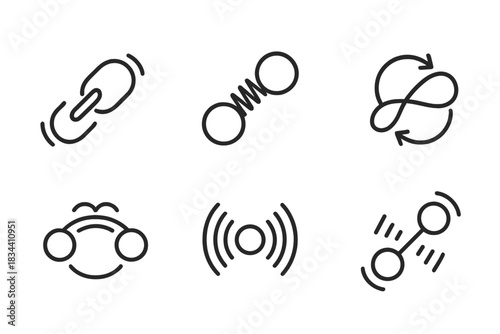 Dynamic Link Icons. Line style icons of a dynamic link that rebounds: flexible chain forming rhythm pattern, twin circles