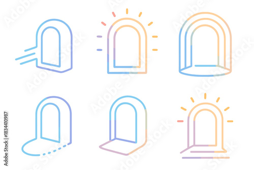 Colorful Portal Icons. Line style icons of a gliding access point with variegated hues: smooth portal in motion, gradient of soft