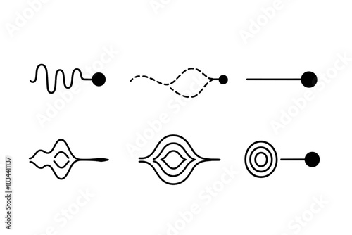 Dynamic Motion Icons. Line style icons of resonant motion and focus: continuous trembling flow leading to dot, rhythmic pathway