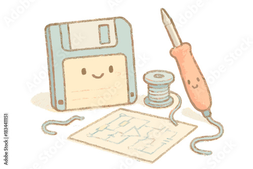 Playful Vintage Electronics. A miniature vintage electronics scene with cheerful floppy disk, soldering iron, and schematics, soft