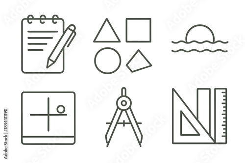 Dockside Design Icons. Line style icons of dockside equations: pen and paper, geometric forms, sea horizon, ratio chart, compass,