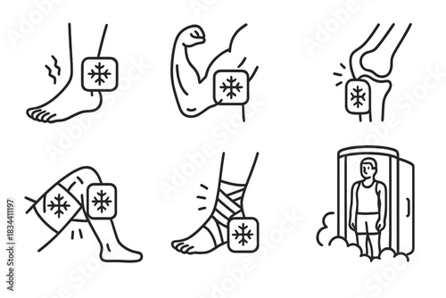 Cryotherapy for Athletes. Line style icons of cryotherapy for sports injuries: twisted ankle treatment, sore muscle cryo, joint