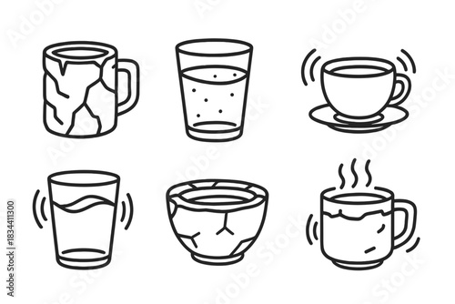 Vibrating Quarry Cups. Line style icons of quarry-born trembling drink: carved mug, dusty glass, resonant cup, shaking liquid,