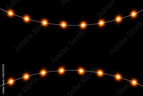 lowing Christmas lights and garlands isolated on transparent transparent dark background. Bright glowing lamps for holiday design, poster, card, banner or web decoration.