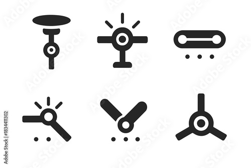 Futuristic Motion Icons. Solid style icons of futuristic motion pivots: hovering axis, luminous swivel, floating connector,