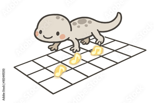 Gecko's Musical Footprints. Cute doodle gecko walking across a sound sequencer grid, leaving glowing footprints of musical notes,