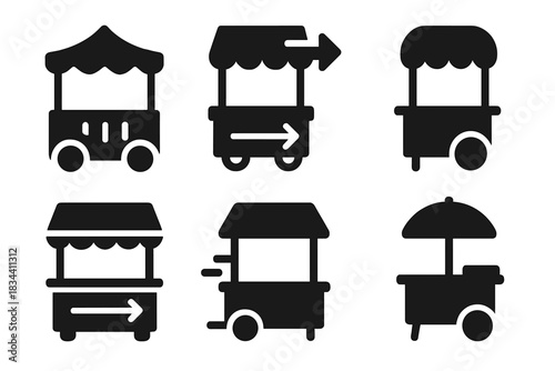 Animated Market Icons. Solid style icons of animated market frameworks: dynamic pavilion, moving kiosk, kinetic stall, rotating