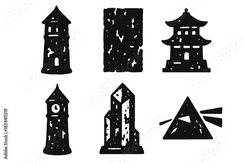 Weathered Light Structures. Solid style icons of aged light structures: weathered tower, aged coating, time-worn pagoda, oxidized