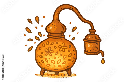 Glowing Distillation Artistry. Sweet doodle copper distillation still glowing warmly with petals and droplets dancing inside, No