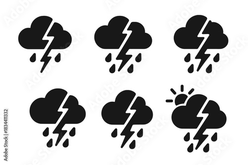 Tempestuous Icons. Solid style icons of tempestuous curiosities: stormy divide, violent watershed, squall partition, tempestuous