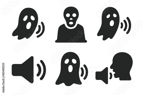 Mystical Warning Icons. Solid style icons of mystical warning sounds: shadowed vocalization, eerie ultimatum, dim howl, dusky call