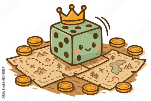 Crowned Dice Adventure. Sweet doodle crowned die rolling across a table surrounded by coins and adventure maps, No text, No labels