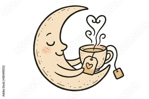 Dreamy Tea Moon. Sweet doodle moon cradling a tea bag with heart-shaped steam lines, dreamy relaxation theme, No text, No labels,