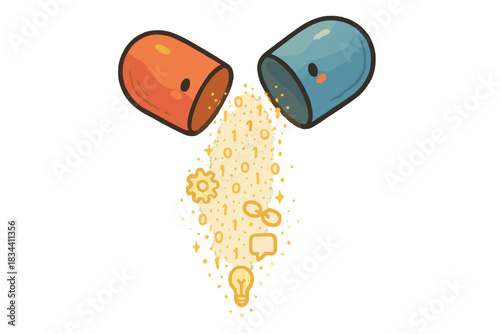 Magical Data Capsule. Adorable doodle pill capsule opening mid-air to release a flowing data stream of tiny binary sparkles and