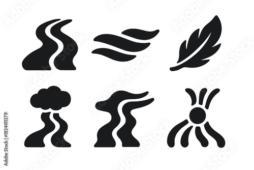 Solid Flow Icons. Solid style icons of plush fluid paths: gentle stream, soft flow, feathery current, downy movement, fuzzy focal