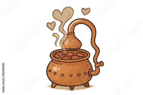 Copper Still with Roses. Cute doodle copper still filled with floating rose petals, soft aromatic steam swirling upward in heart