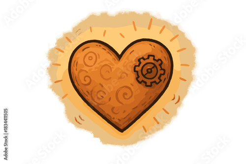 Ticking Clay Heart. Sweet doodle clay heart emitting faint mechanical ticking sounds and radiant warmth, symbol of crafted emotion