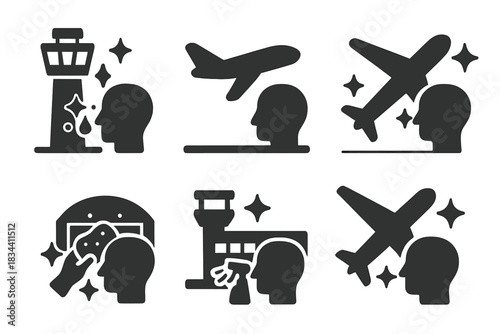 Aerial Purification Icons. Solid style icons of aerial purification: cleansing insights at airfields, purifying wisdom on runways,