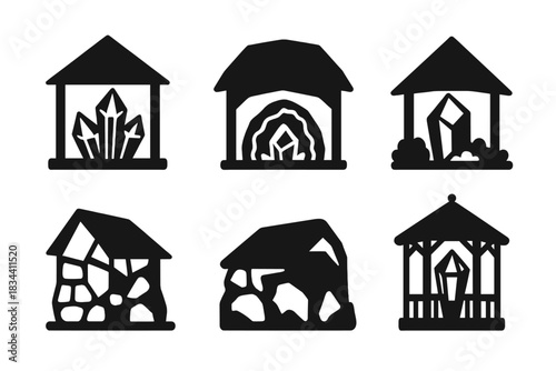 Mineral Architecture Icons. Solid style icons of mineral architecture: crystal pavilions with double-sloped roofs, geode garden