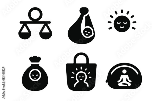 Harmonious Lifestyle Icons. Solid style icons of harmonious lifestyle: balanced carry loop, peaceful ring sling, serene round