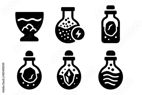 Elemental Mixtures Icons. Solid style icons of elemental mixtures: earth-water fusion cup, mineral-energy blend flask, rock
