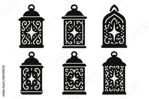 Crafted Illumination Icons. Solid style icons of crafted illumination: tailored sparks in intricate carvings, customized glimmers