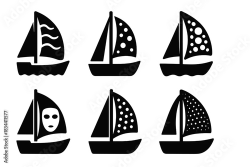 Elemental Sailing Icons. Solid style icons of elemental sailing: a rare-element veil on a small boat, a ytterbium-covered yawl