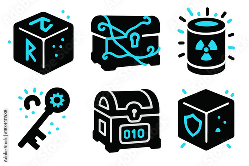 Cyber Alchemy Icons. Solid style icons of cyber alchemy: glowing rune box, energy-bound data chest, nuclear sigil container,