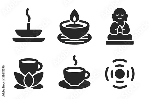 Meditative Icon Collection. Solid style icons of meditative culture: incense cup tray, candle bowl mat, prayer cup base, temple