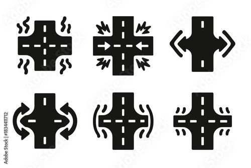 Kinetic Crossing Icons. Solid style icons of kinetic crossings: a bumpy travel intersection, a jolting journey connection, a