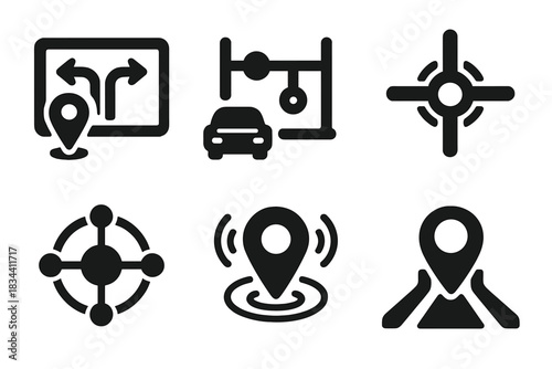 Futuristic Navigation Icons. Solid style icons of futuristic navigation: digital route junction, kinetic transport grid, automated