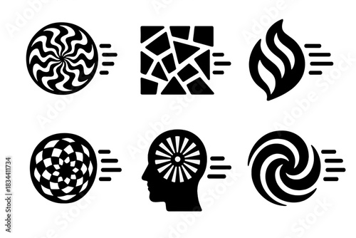 Deceptive Momentum Icons. Solid style icons of deceptive momentum: an illusory pattern gaining force, a deceptive mosaic building